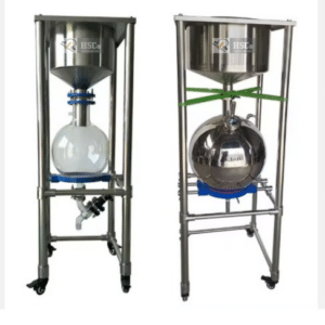 HSCo filtration assemblies: stainless-steel funnels on wheeled frames with glass and steel receivers