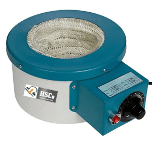 HSCo heating mantle with blue aluminium body, glass-fibre heating nest and regulator knob