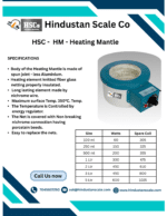 HSCo leaflet for the HSC-HM heating mantle with specifications and size table
