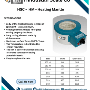 HSCo leaflet for the HSC-HM heating mantle with specifications and size table