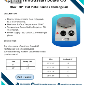 HSC-HP hot plate round / rectangular leaflet with description and size tables