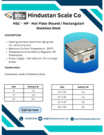 HSCo leaflet for the round and rectangular stainless steel hot plate with size and power tables
