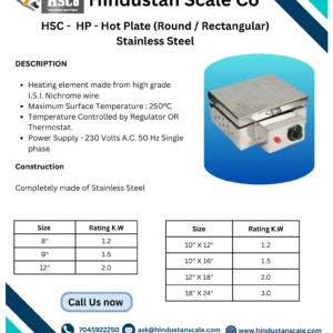 HSCo leaflet for the round and rectangular stainless steel hot plate with size and power tables