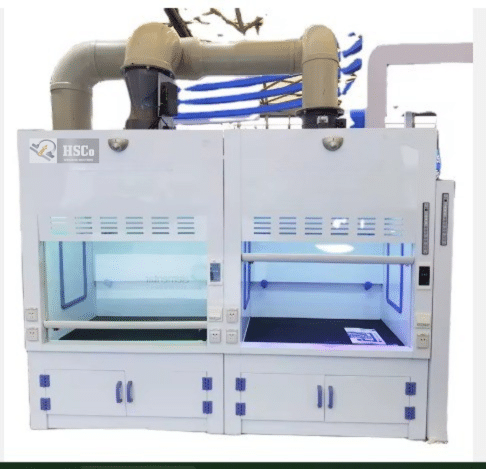 Laboratory furniture HSCo laboratory fume hood with ducting and storage cabinets