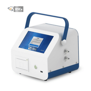 HSCo respirable dust sampler shown from the front right with a blue handle, touchscreen and two side ports