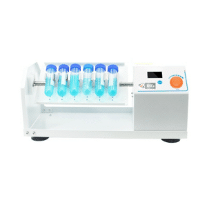 HSC-RSFTC rotary shaker with blue-capped tubes clamped on a rotating bar and LCD control unit