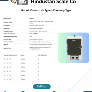 Hot air oven lab type economy leaflet with specifications and size table