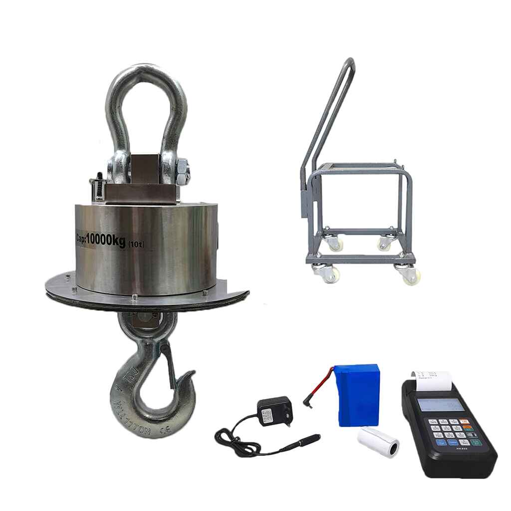 Different Categories of Crane Scales and How to Choose the Right One 14 A metal crane scale is displayed with a stand, charger, and handheld accessories.