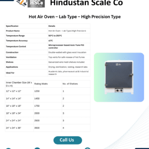 Hot air oven lab type high precision leaflet with specifications and size table
