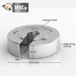Slotted weight diagram: centre hole, slot, adjusting cavity, height, width, diameter