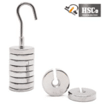 HSCo stainless steel slotted weights stacked on a hook hanger