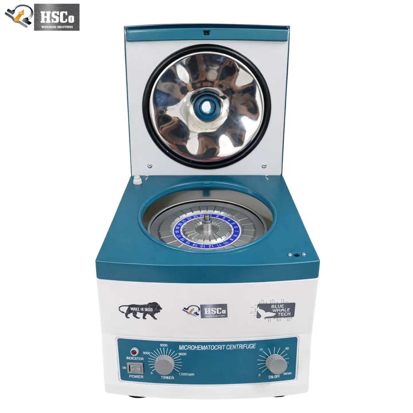 MK-HC12A Microhematocrit Centrifuge 12000 RPM, 24 Capillary Tubes, 0–30 min Timer Laboratory Blood Sample Centrifuge HSCo MK-HC12A microhematocrit centrifuge with open lid and capillary rotor