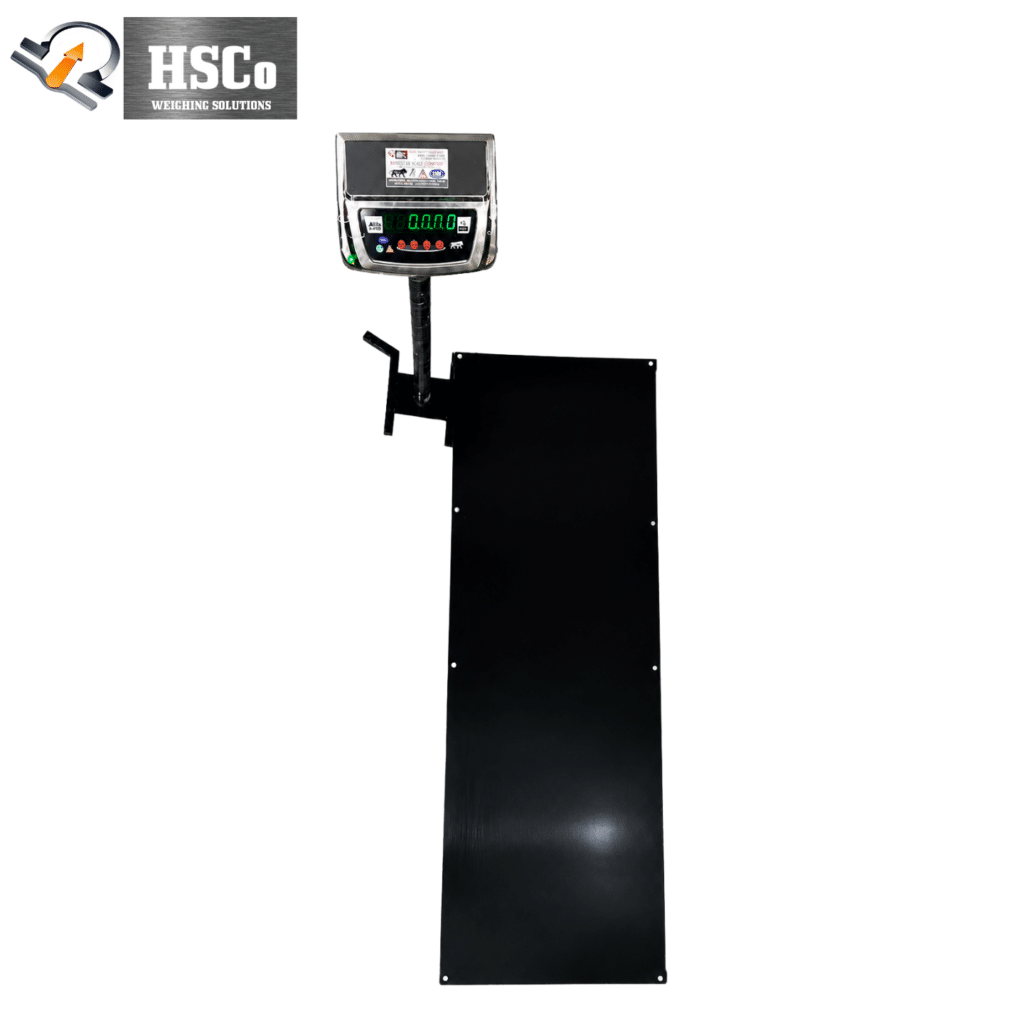 Electronic mortuary scale with long black chequered platform and LED indicator on a stand