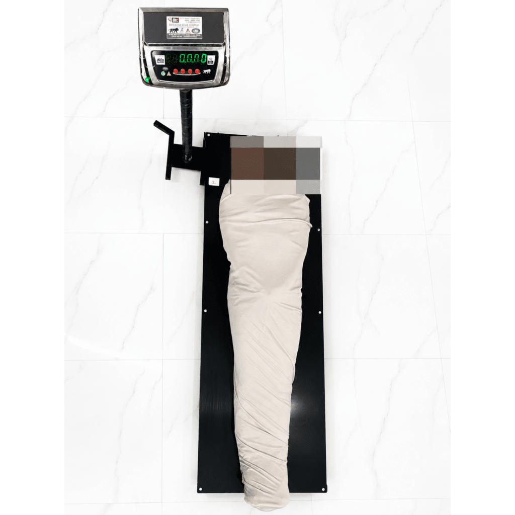 Mortuary scale platform in use, with LED indicator on its stand