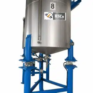 HSCo static indoor tank weighing system with stainless steel tank, conical base, outlet valve and blue support frame