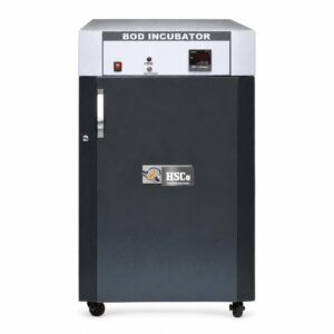 HSC BOD incubator with control panel on top, dark door and castor wheels