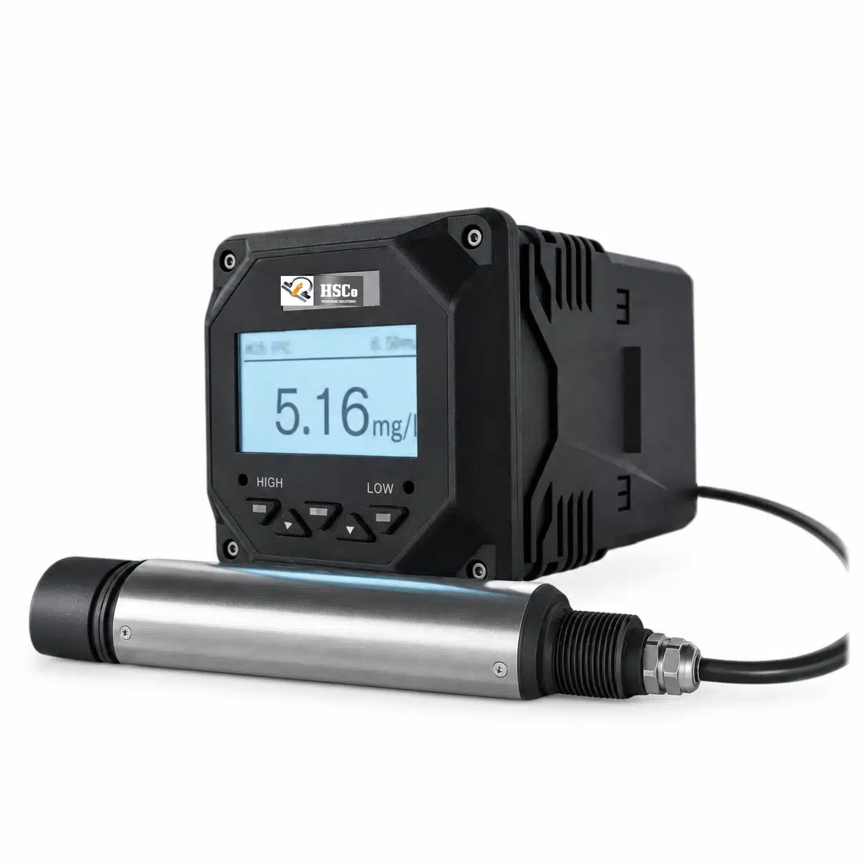 DO Meter HSC dissolved oxygen meter with digital display reading 5.16 mg/L and DO probe on cable