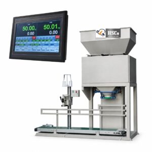HSC-FSBM bagging machine with hopper and controller showing 50.00 kg