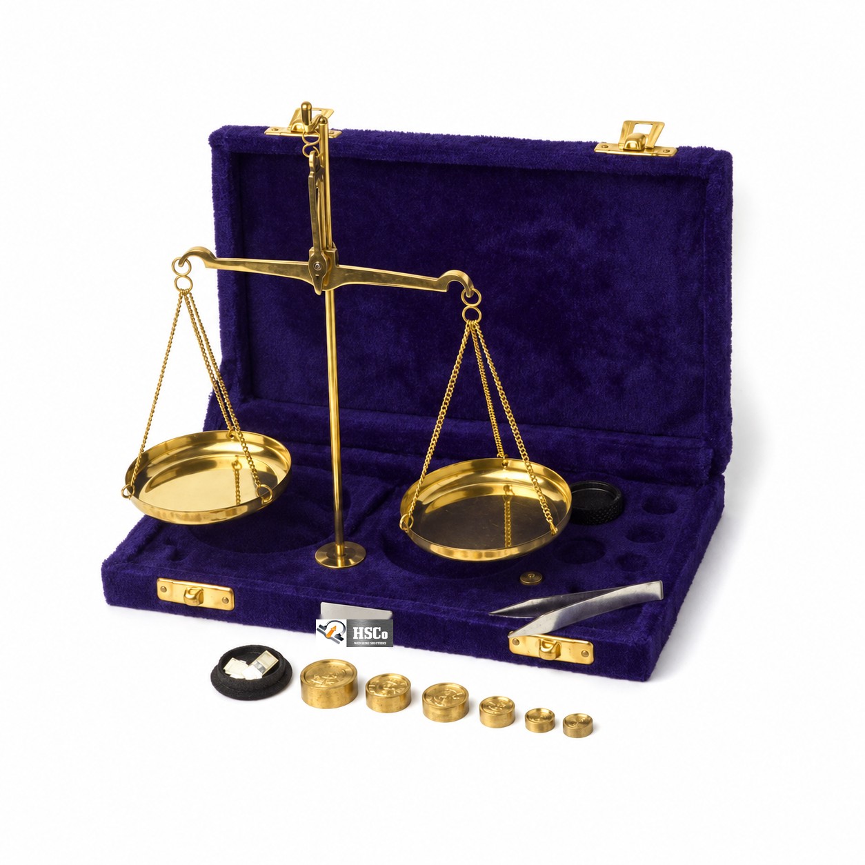Gold-Smith-Weighing-Scale-1.png Brass goldsmith beam balance with two pans, weights and tweezers in a velvet case