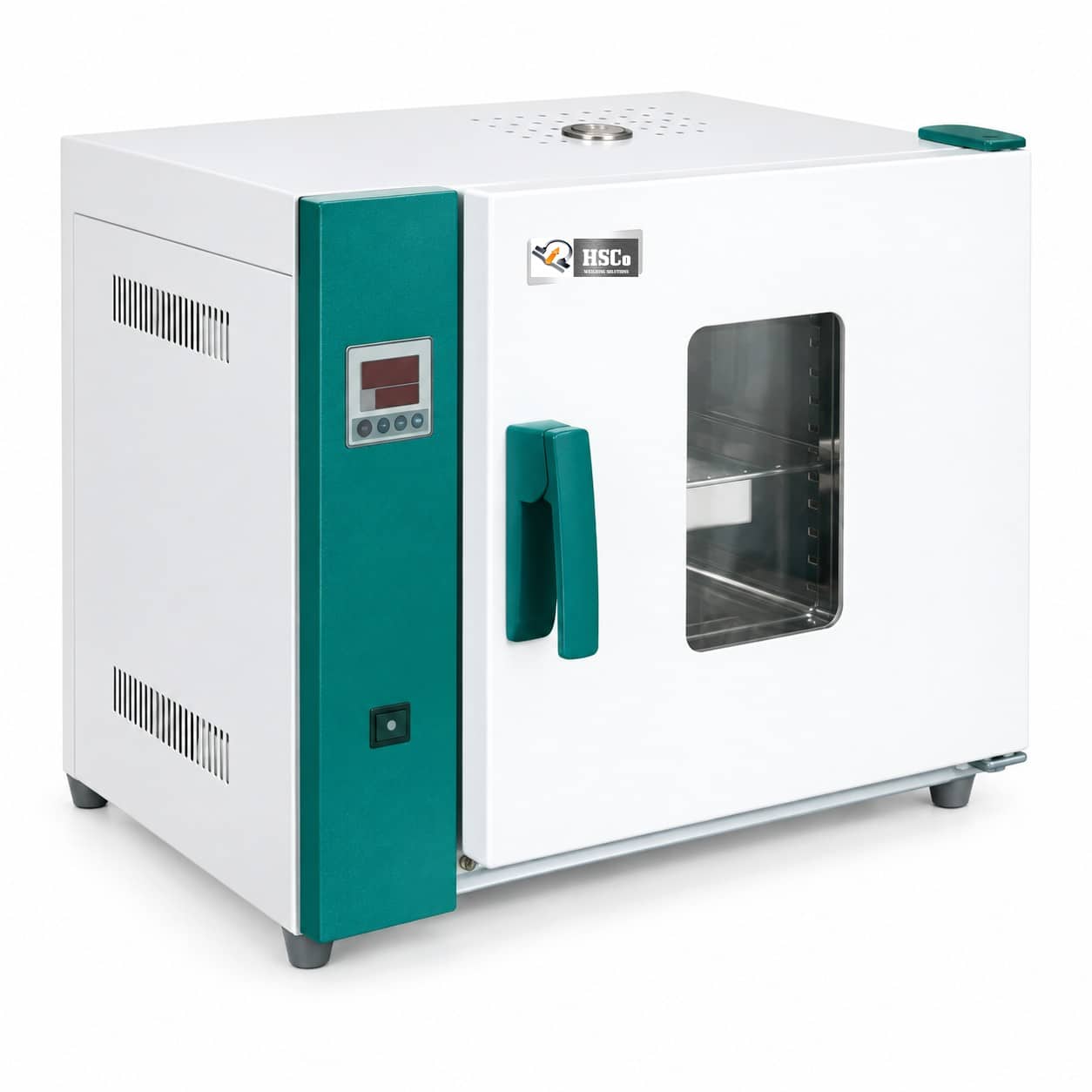 New image HSC-O-HDO horizontal drying oven, white cabinet with green door handle and viewing window