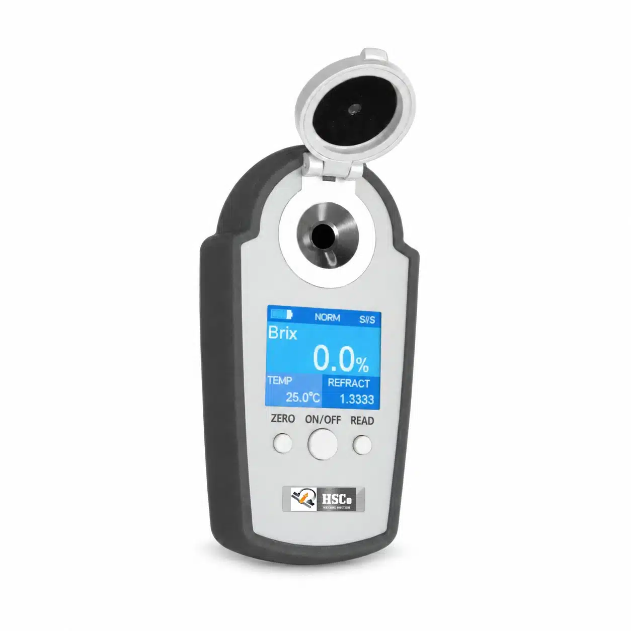 Refractometer - A HSC digital handheld refractometer with open sample lid and LCD showing Brix and refractive index