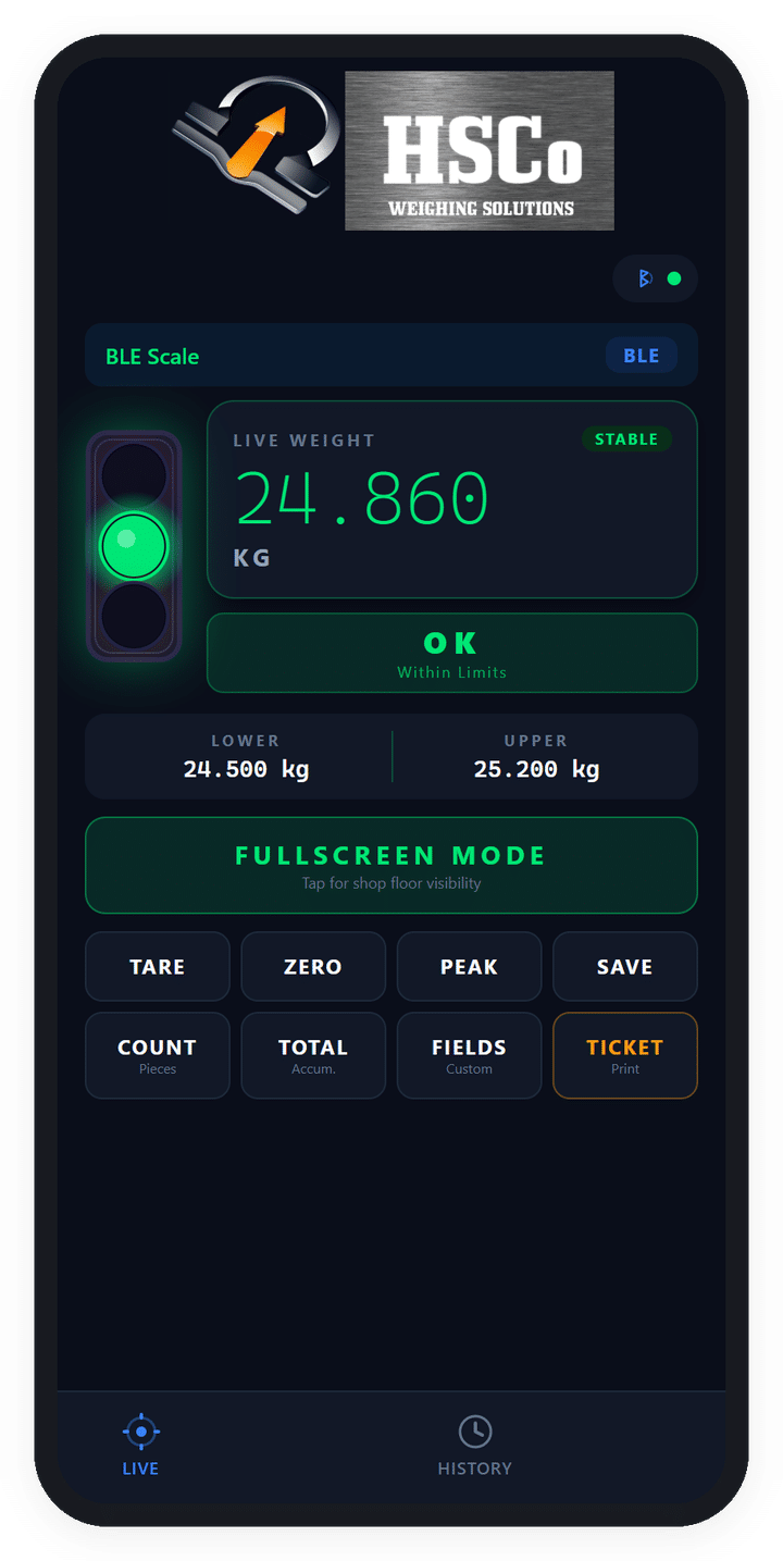 Weighing Scale Software for Screens, Billing and Records 7 HSCo Alert app showing a green weight-status light