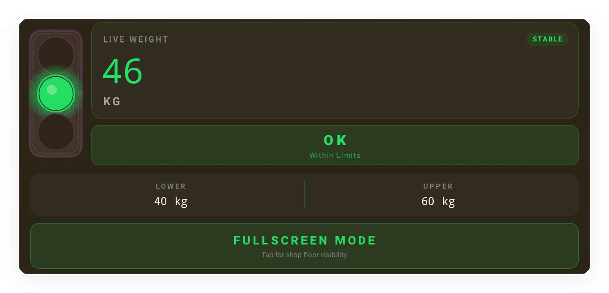 Weighing scale apps for Android and apps made for your work 5 HSCo Alert live weight screen with a green light and OK status