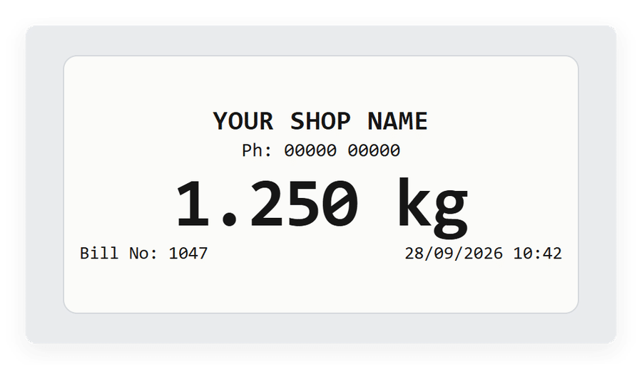 Chicken Shop Billing Software with Weight Stickers 2 Sample sticker showing shop name, phone number, weight, bill number, date and time