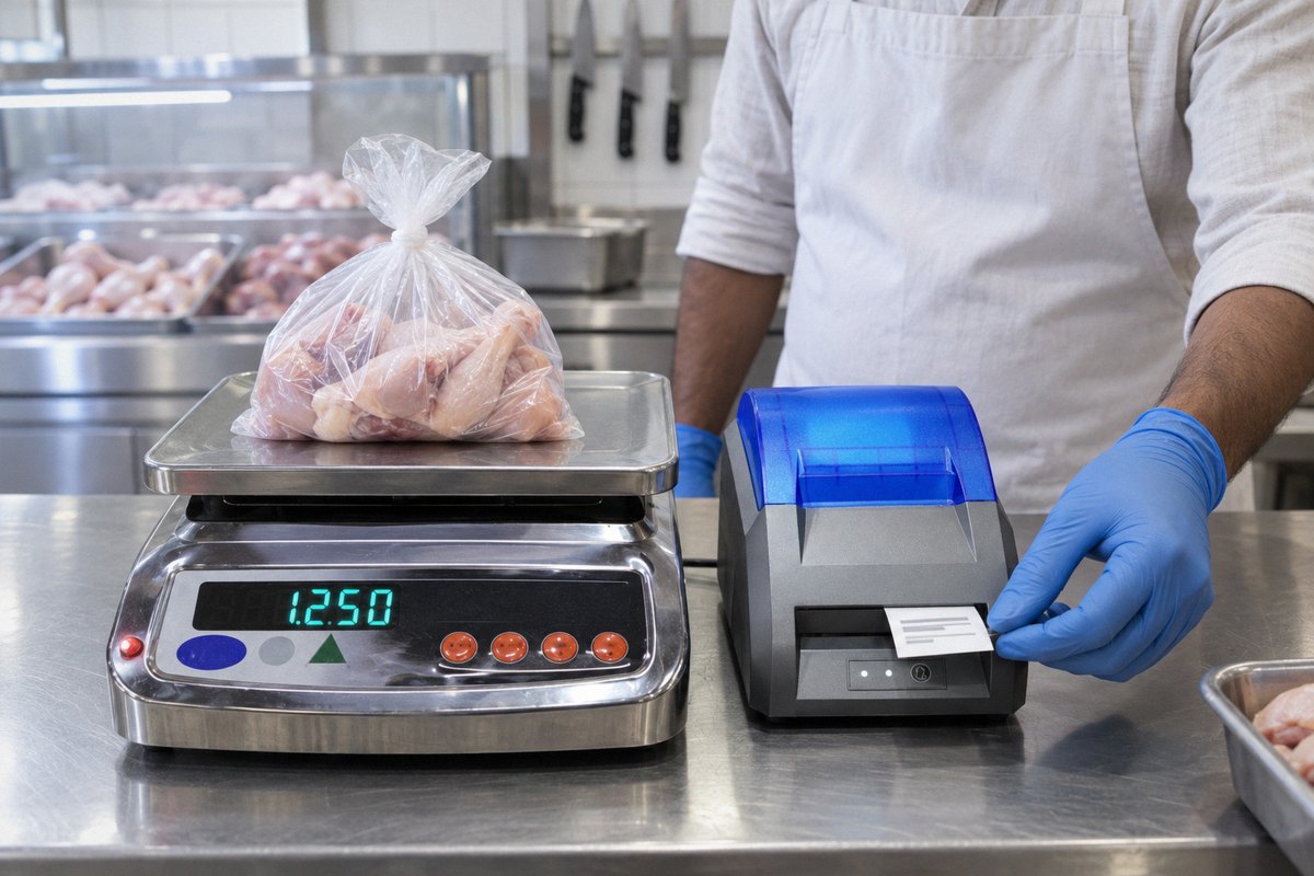 Chicken Shop Billing Software with Weight Stickers 1 Illustration of a chicken shop counter scale and sticker printer