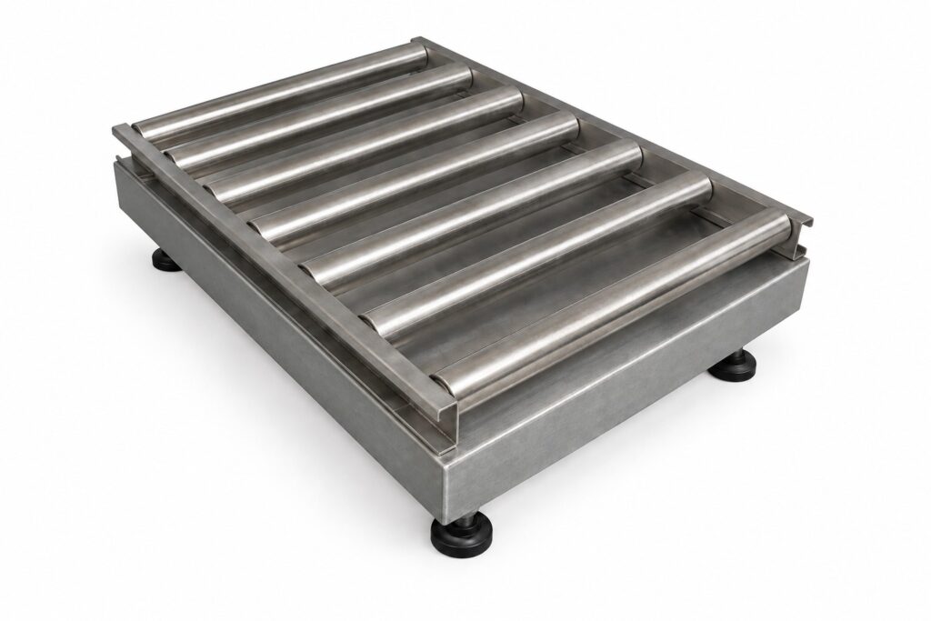 HSCo MS roller scale with stainless steel roller-top platform, shown from an elevated angle