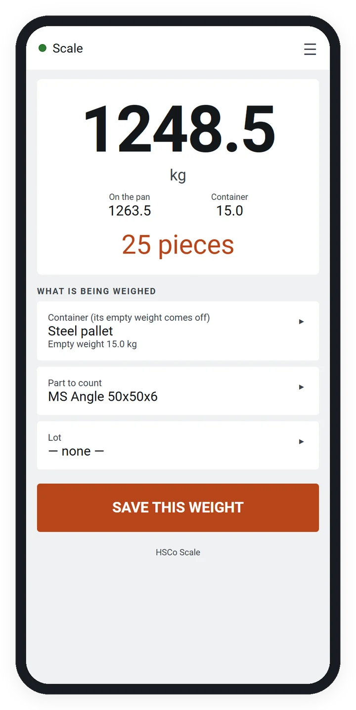 Bluetooth Weighing Scales 2 HSCo Scale app showing a live weight of 1,248.5 kg on a platform scale.