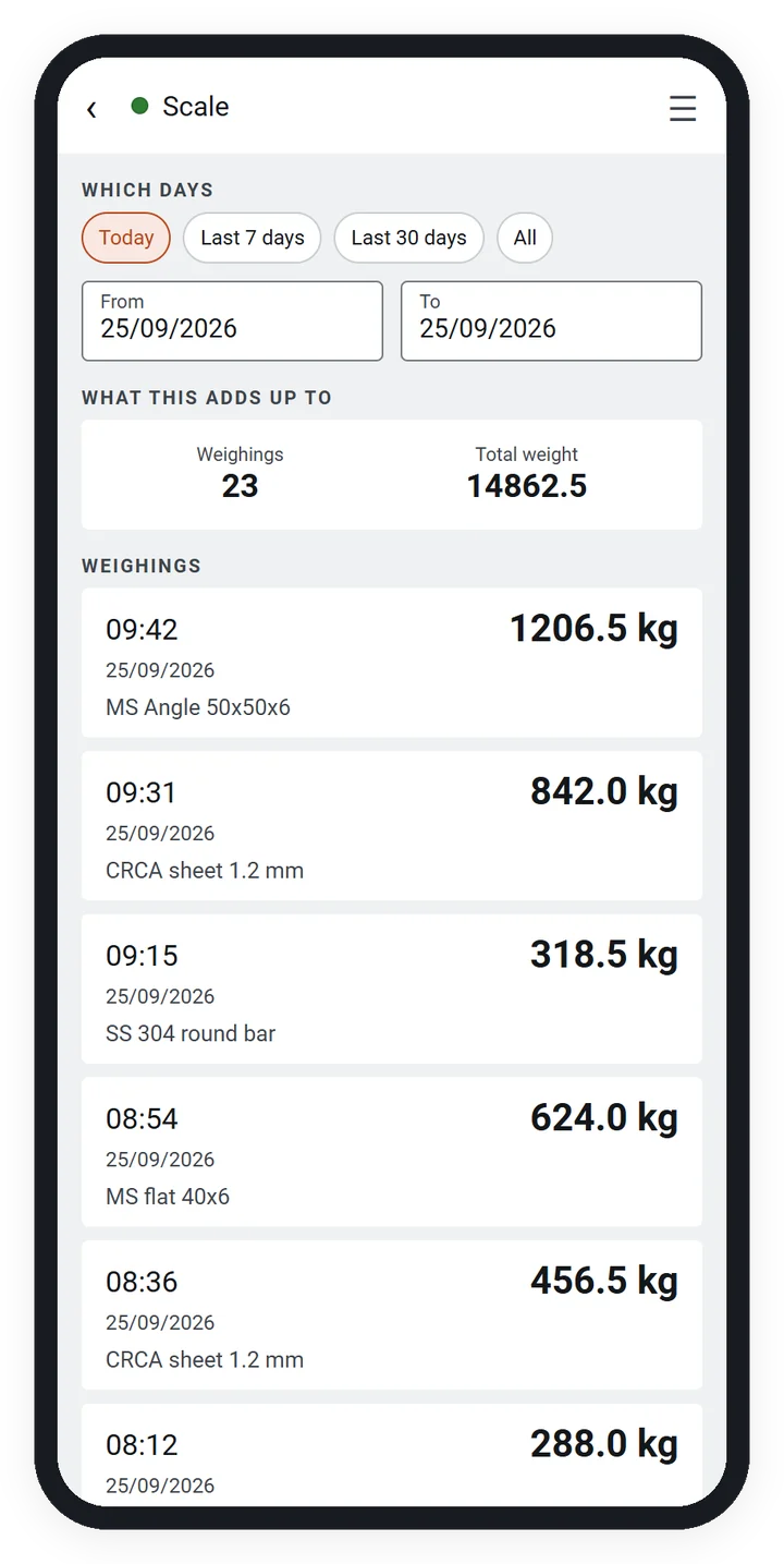 Bluetooth Weighing Scales 3 HSCo Scale app register listing the day's weighings with item and weight.