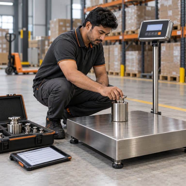 Technician placing a calibration weight on a stainless platform scale in a warehouse