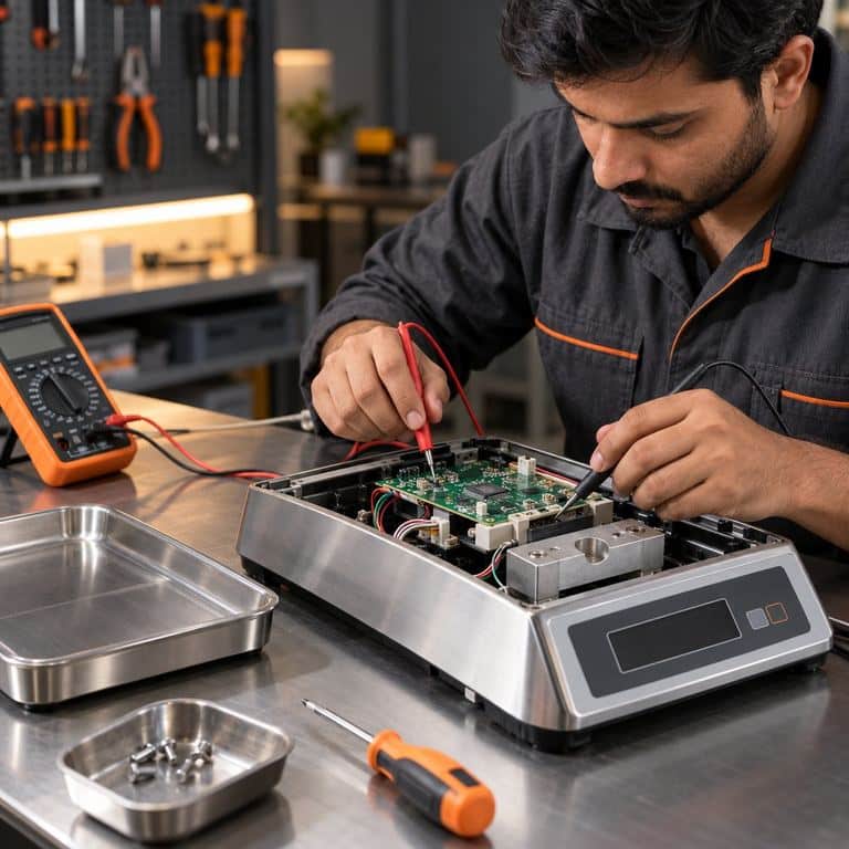 Service engineer testing the circuit board of an opened stainless steel weighing scale