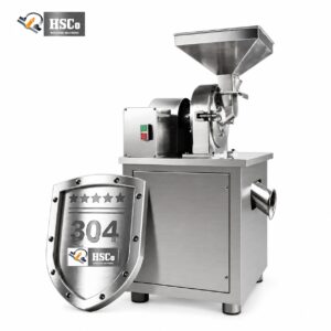 HSC stainless steel pulveriser with feed hopper on a cabinet stand, SS 304 badge