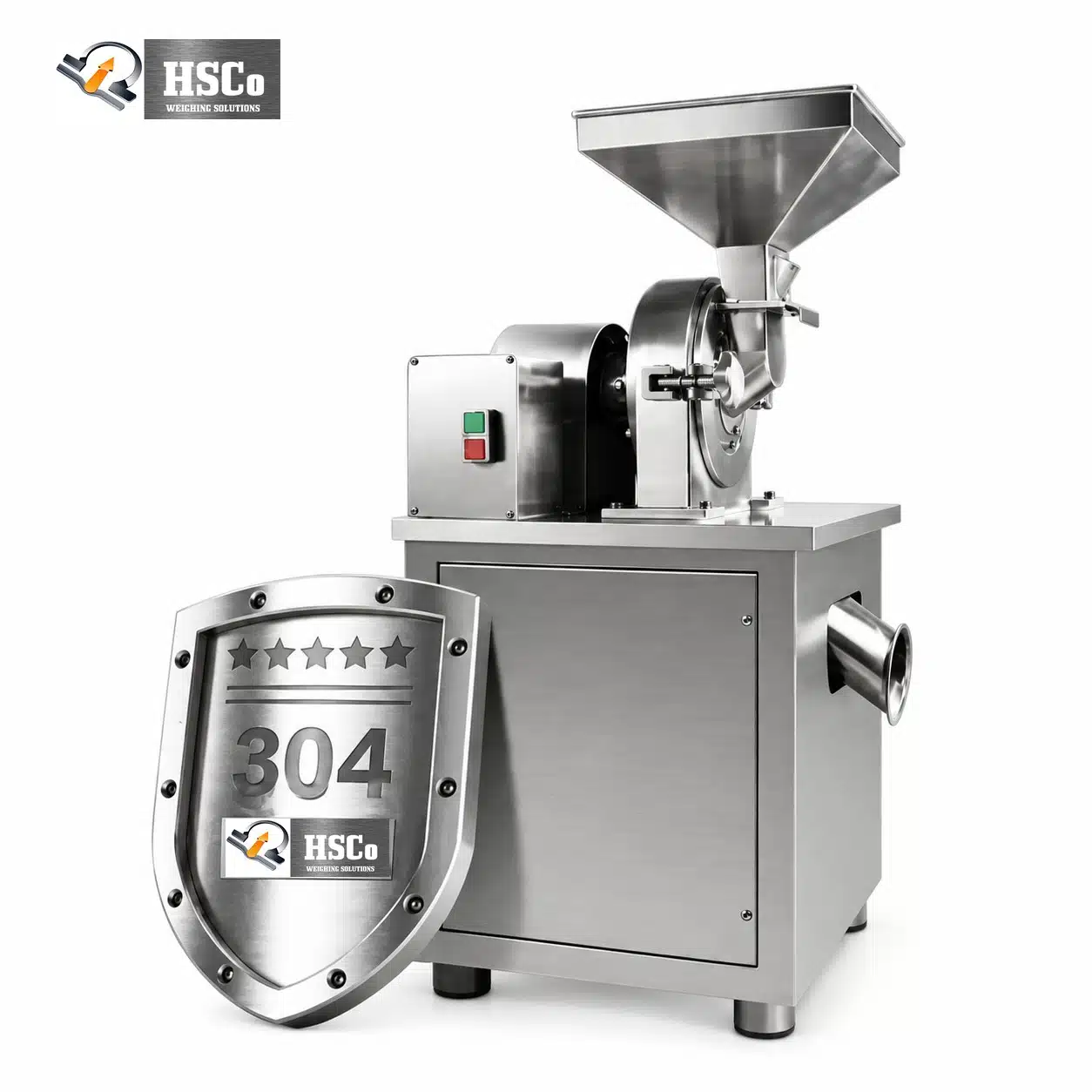 Pulveriser- HSC – P HSC stainless steel pulveriser with feed hopper on a cabinet stand, SS 304 badge
