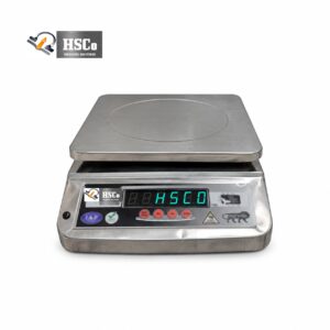 HSCo SSB electronic table top scale angled from the front, with a stainless steel platter and control panel
