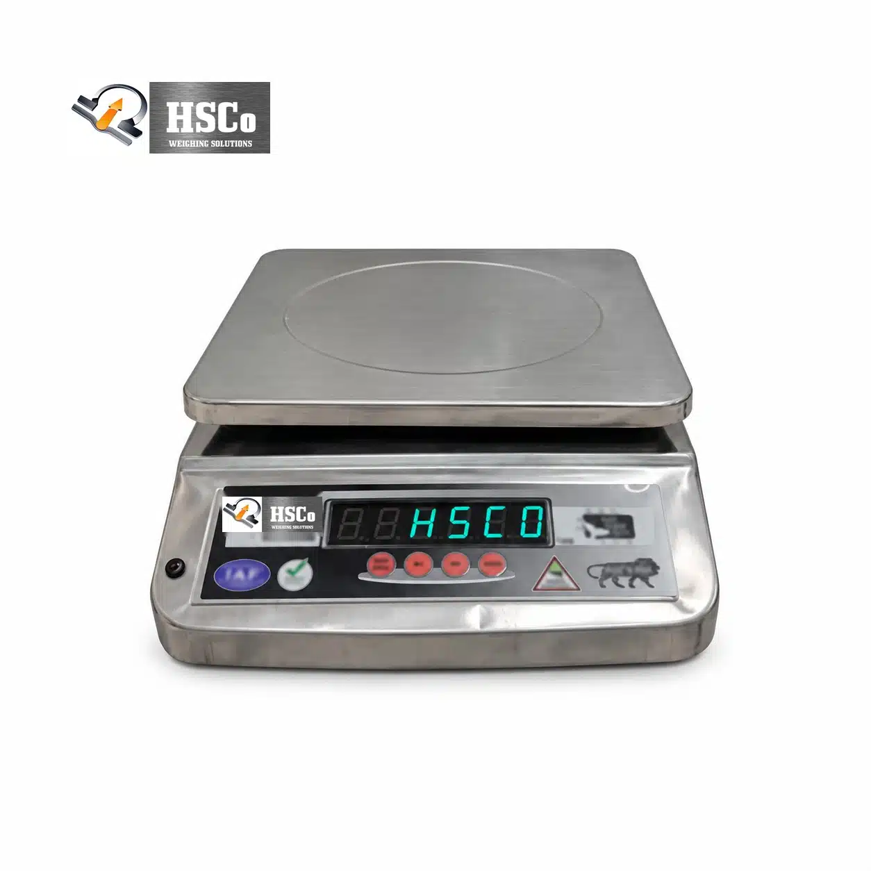 SSB – Electronic Table Top Scale HSCo SSB electronic table top scale angled from the front, with a stainless steel platter and control panel