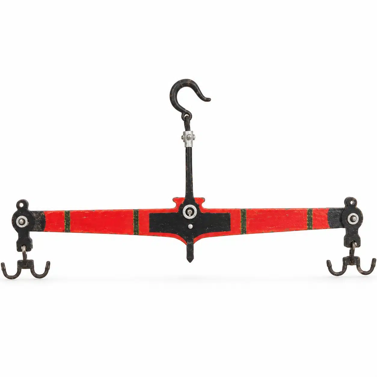 Beam-Scale-Triple-Dhari-1.png Triple dhari beam scale, red steel beam with centre hook and double hooks at each end