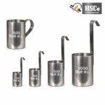Stainless steel milk measures: 100, 200, 500 and 1000 ml ladles with hooked handles