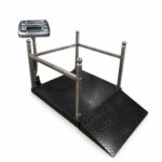 HSCo wheelchair scale: black chequered platform with ramp, steel side rails and pillar indicator