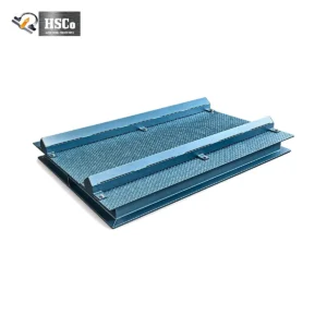 HSCo coil weighing scale with a blue chequered platform and raised rails, viewed at an angle