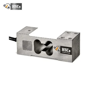 HSCo single point load cell shown at an angle with central cutouts, mounting holes, and a cable