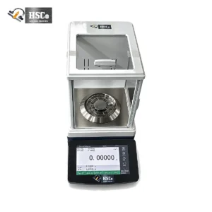HSCo LAB110.01 five-digit balance with glass draft shield and touchscreen display, front view