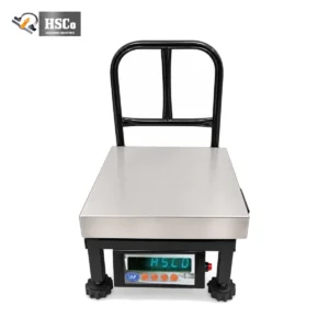 HSCo PLSSCHI mobile platform scale with stainless platter, black frame, handle bar and front indicator