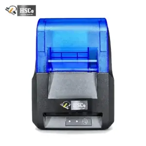 HSCo thermal printer with blue cover, front view