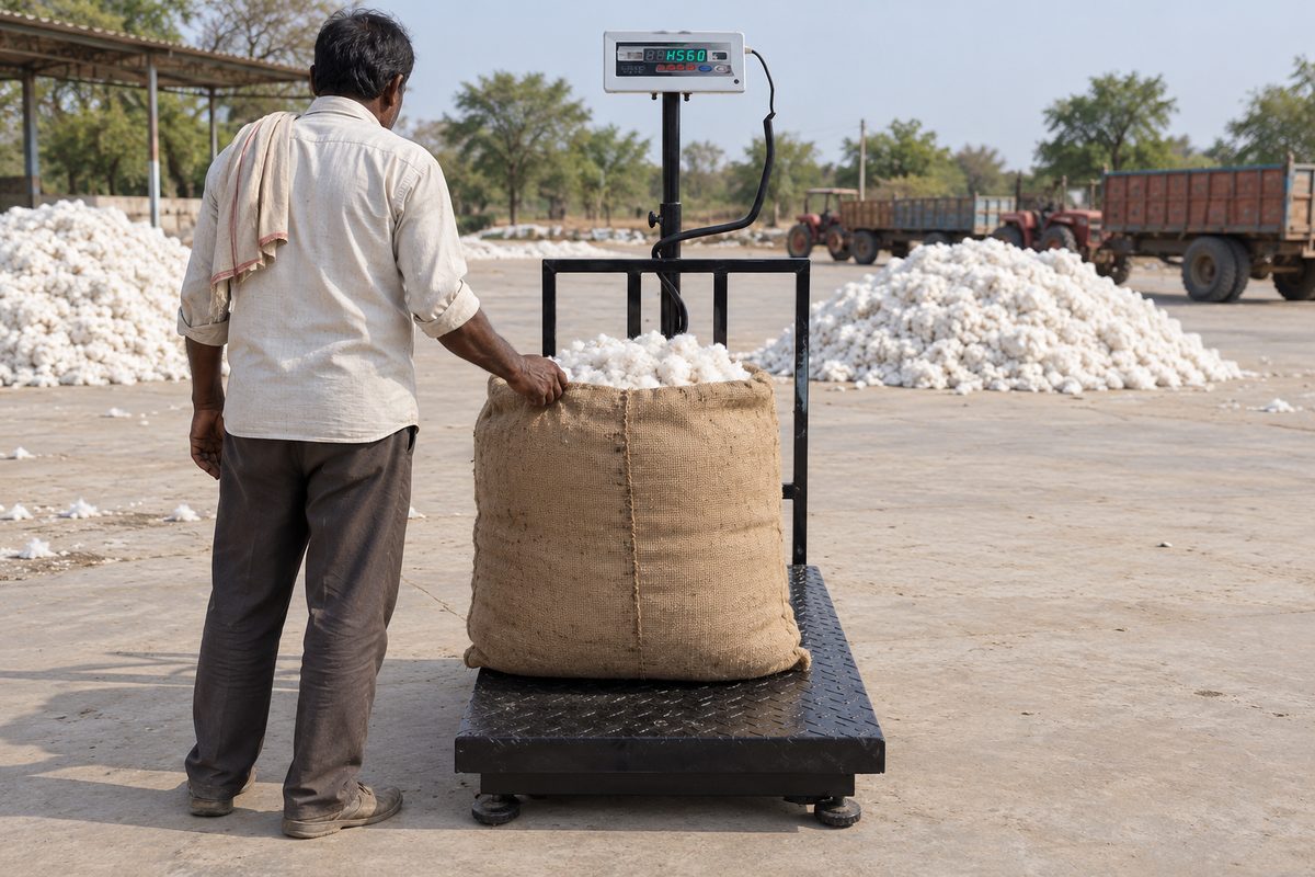 A worker steadies a jute bag of kapas on a chequered platform scale in a cotton yard