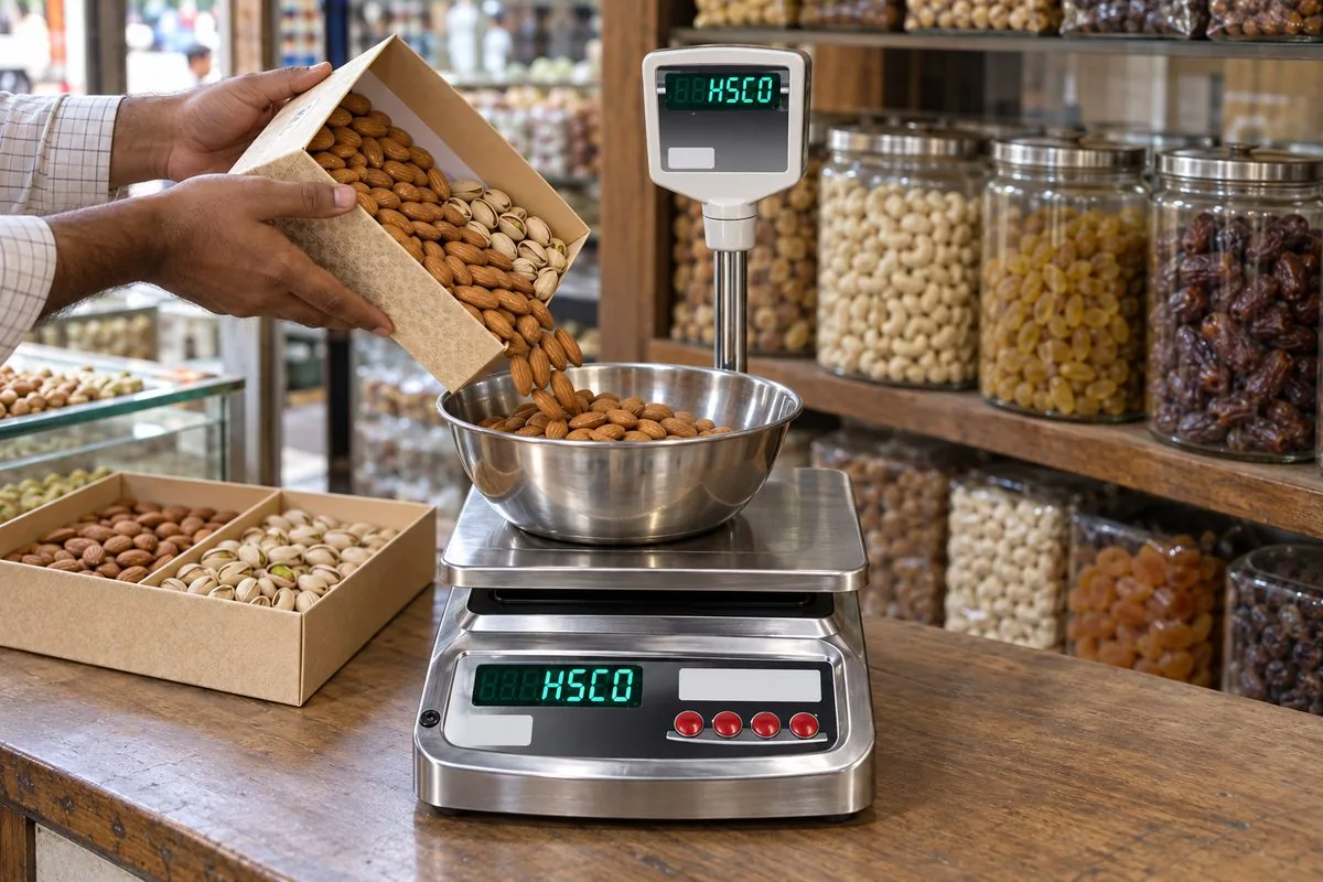Dry fruit box weight check: almonds poured from a gift box into a bowl on a stainless-steel scale