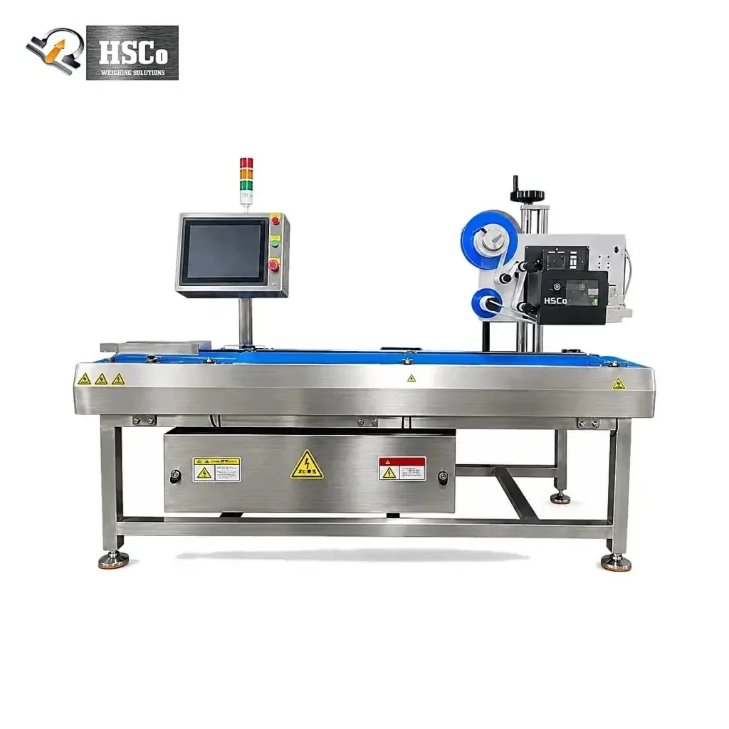 Dry fruit box weight: how short can a 500 g gift box legally be? 9 HSCo HSC-WL weighing and labelling machine with a conveyor, touch screen and labeller