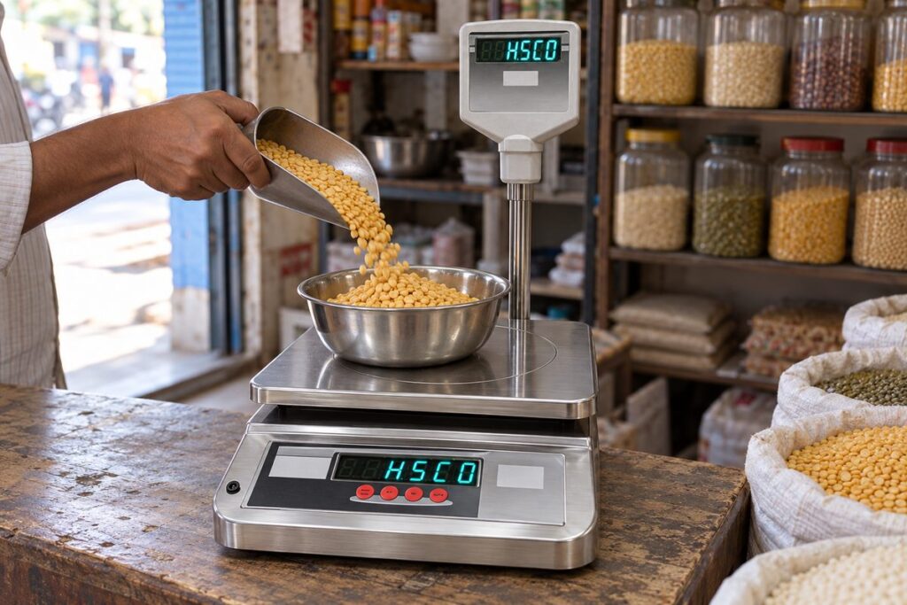 Government approved test centre: can it verify your shop scale? 5 Shopkeeper pours dal into a steel bowl on an SSBP table top scale at a kirana counter